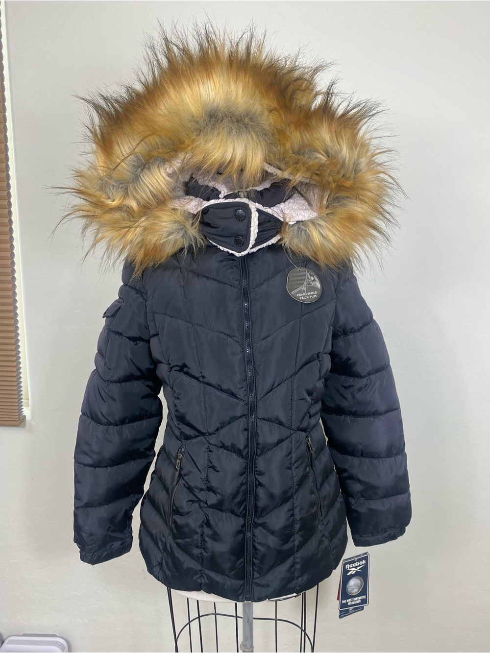 NWT Reebok Black Puffer Jacket Coat Faux Fur Hood Winter Warm